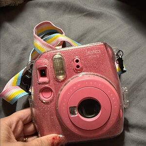 Instax Glitter Pink Instant Camera with Rainbow Strap